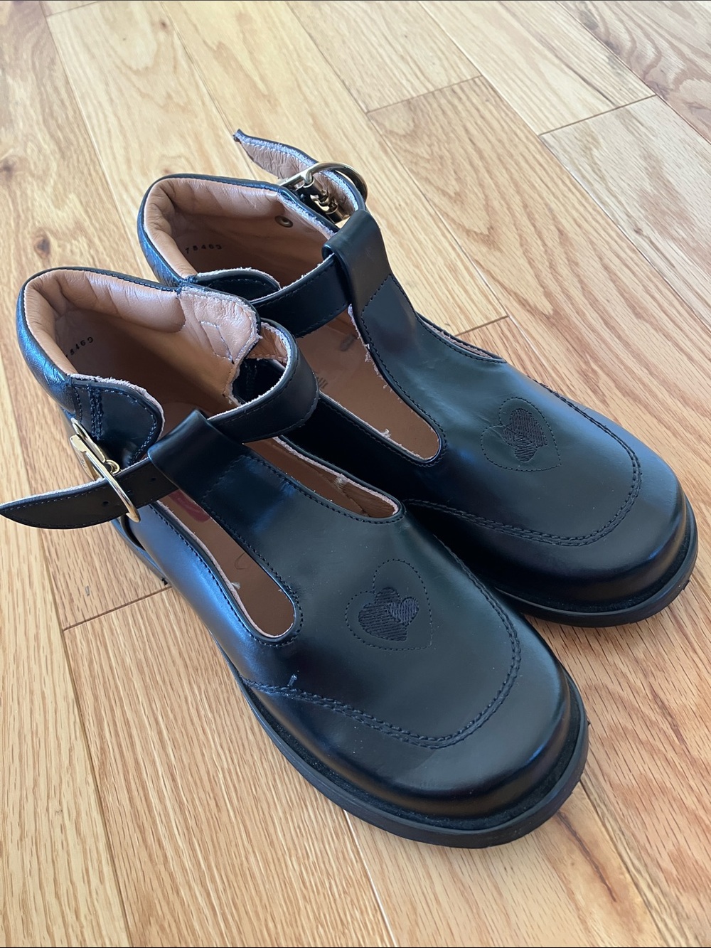 Dinky Orthopedic Black T-Strap Leather Mary Jane Shoes with Heart Detail